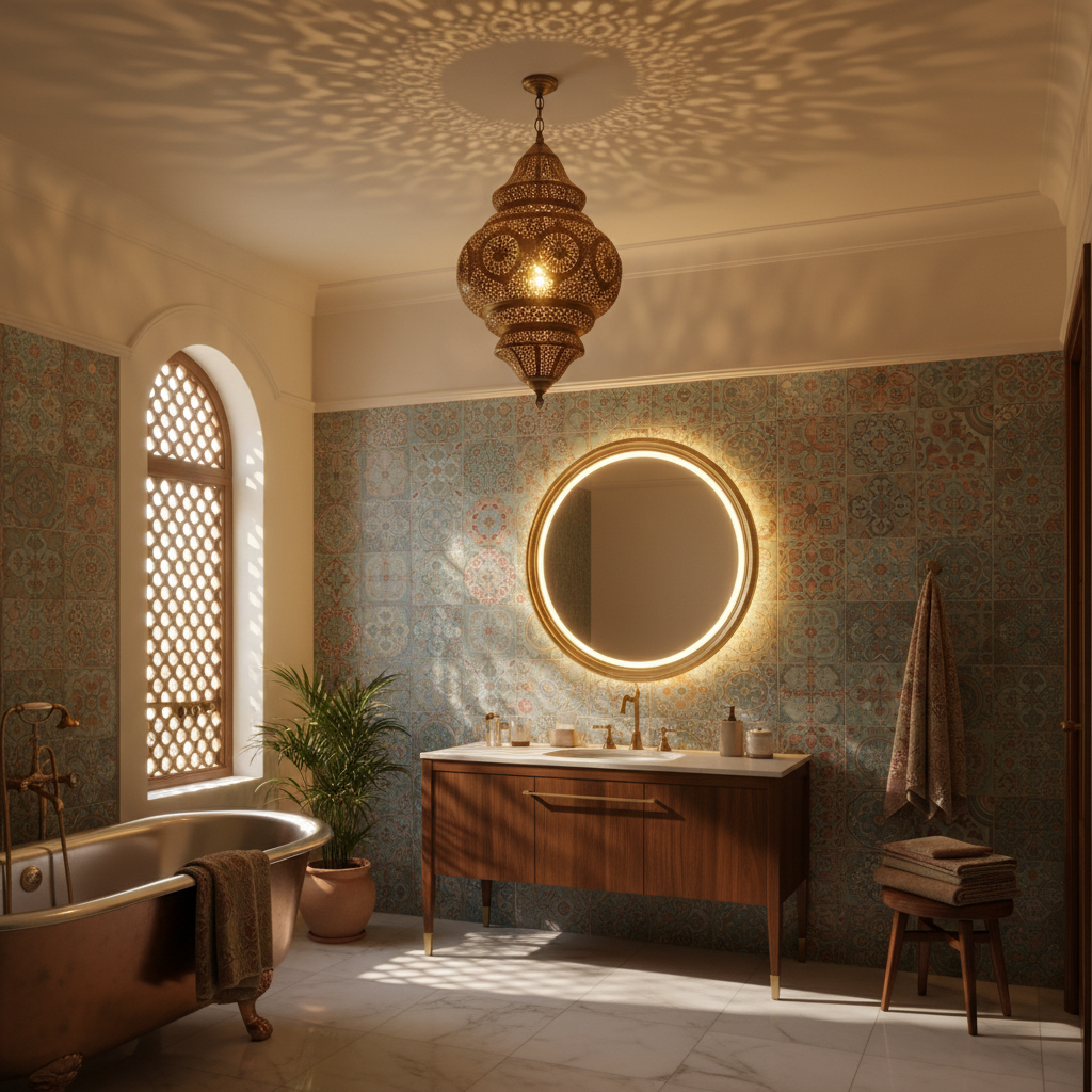 Indian bathroom with warm lighting and brass fixtures