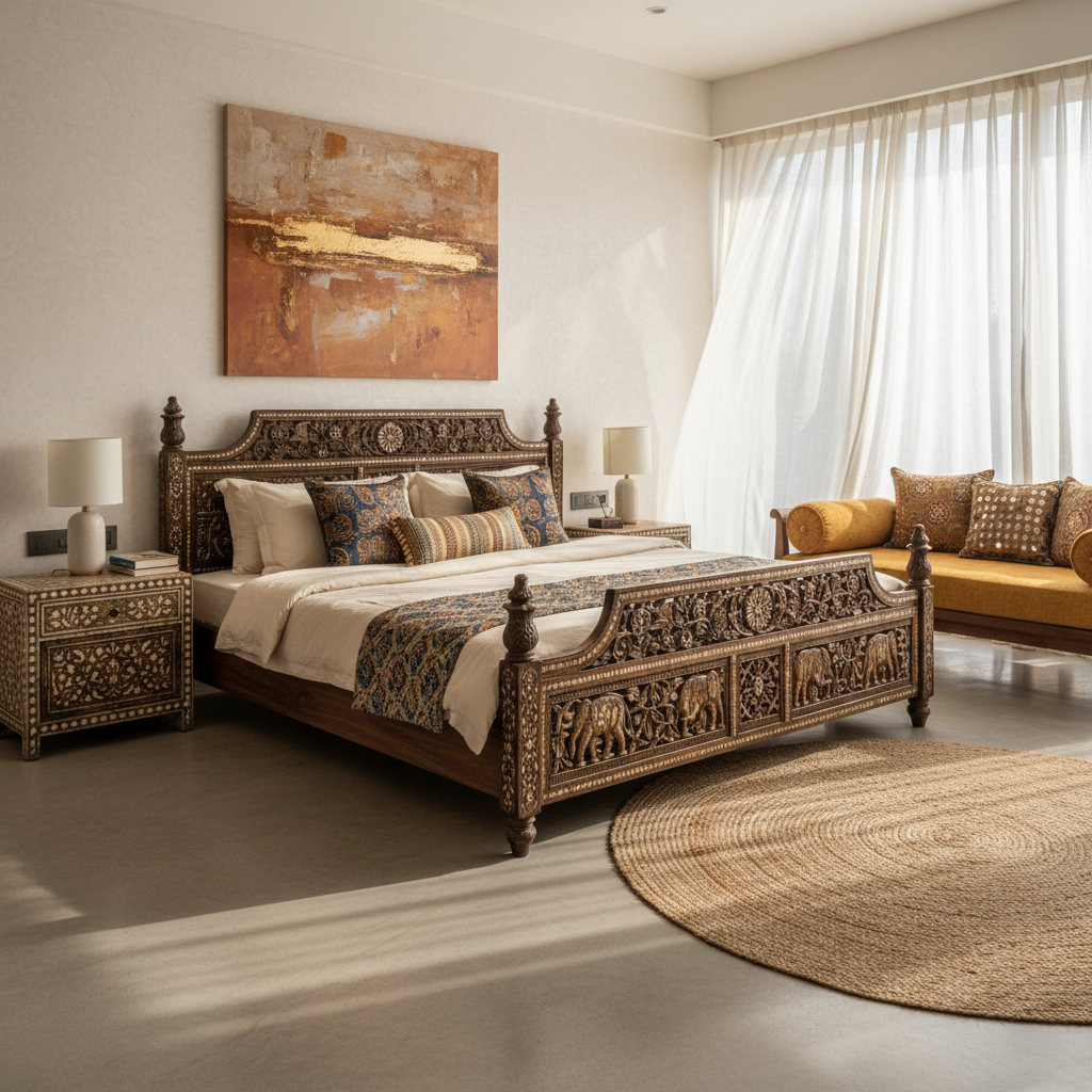 Carved wooden bed and divan in an Indian-style bedroom