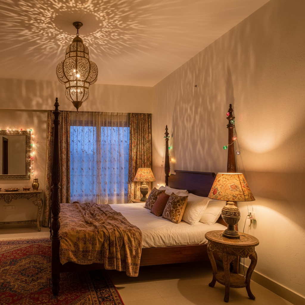 Bedroom with traditional Indian lanterns and ambient lighting