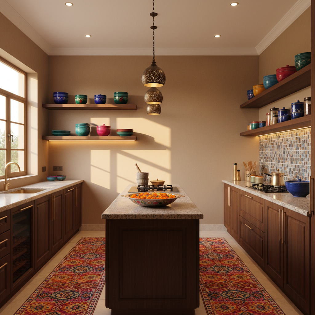 A brightly lit Indian kitchen with earthy walls, jewel-toned accents, and layered lighting.