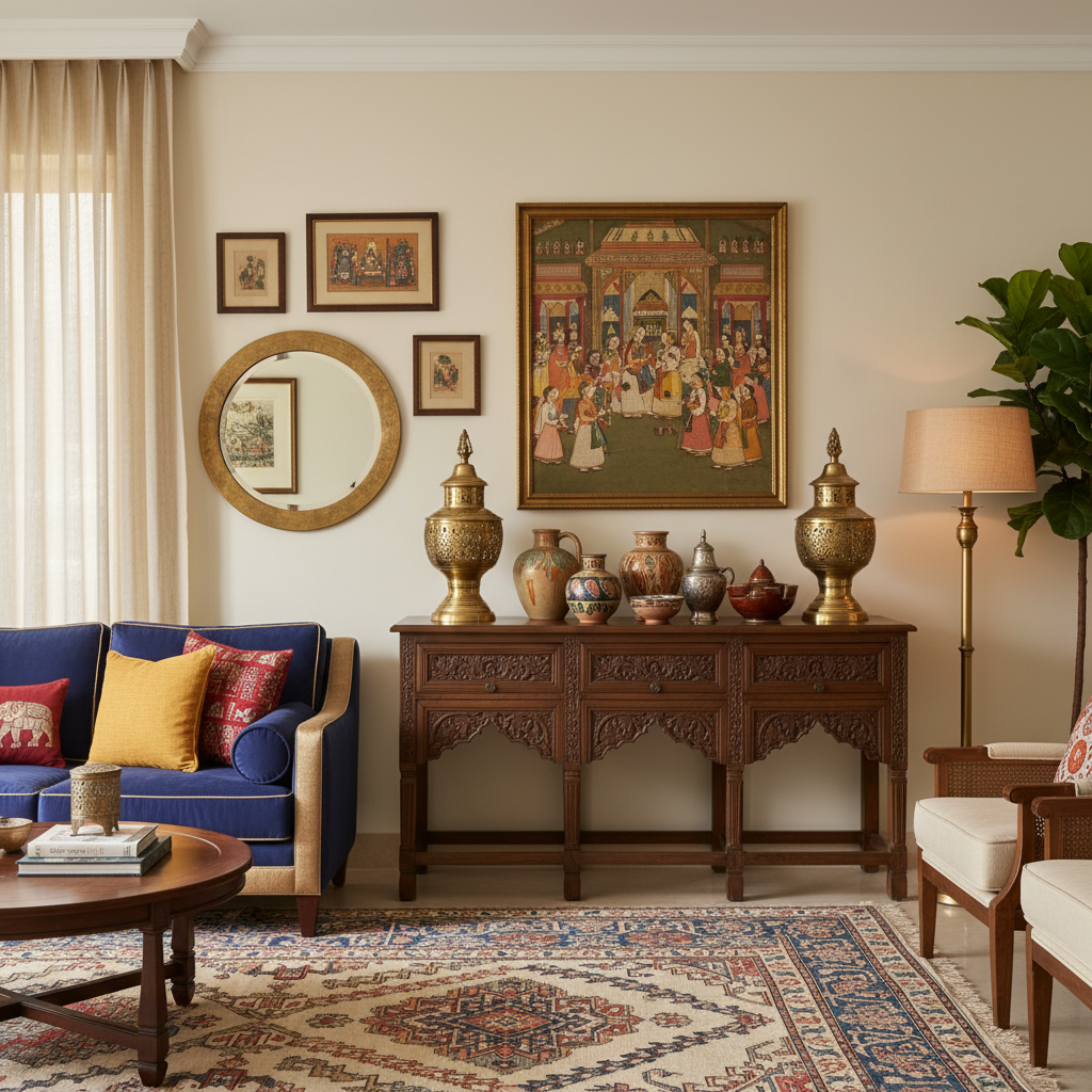 Indian living room with classic wooden furniture, brass accents, and traditional art pieces.