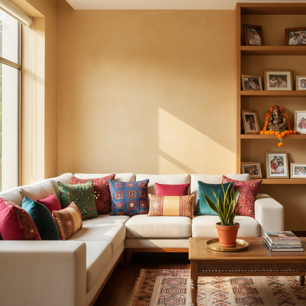 A living room showcasing an Indian-inspired color palette with warm wall colors and jewel-toned accessories, enhanced by greenery.