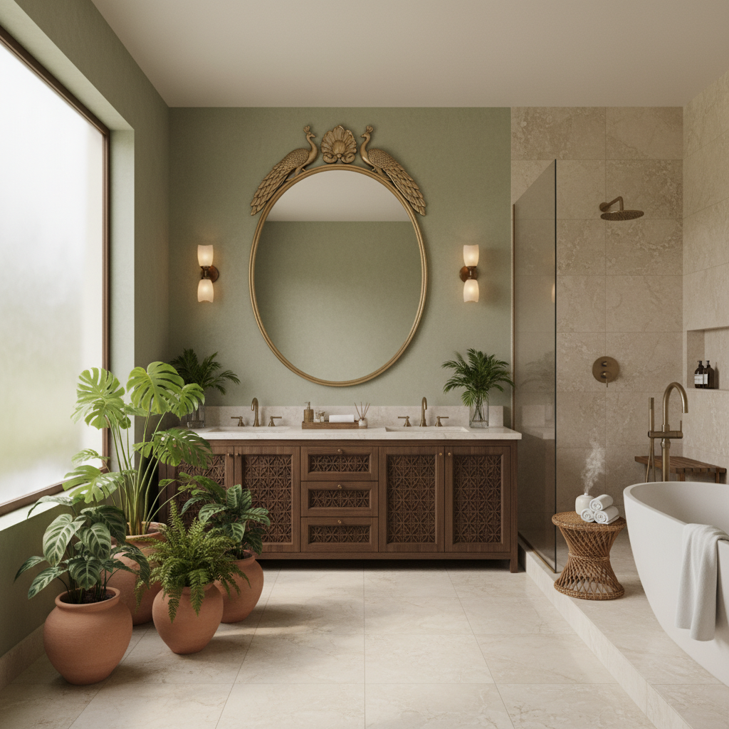 Elegant luxury bathroom with custom wooden vanity and tropical plants in Delhi NCR.