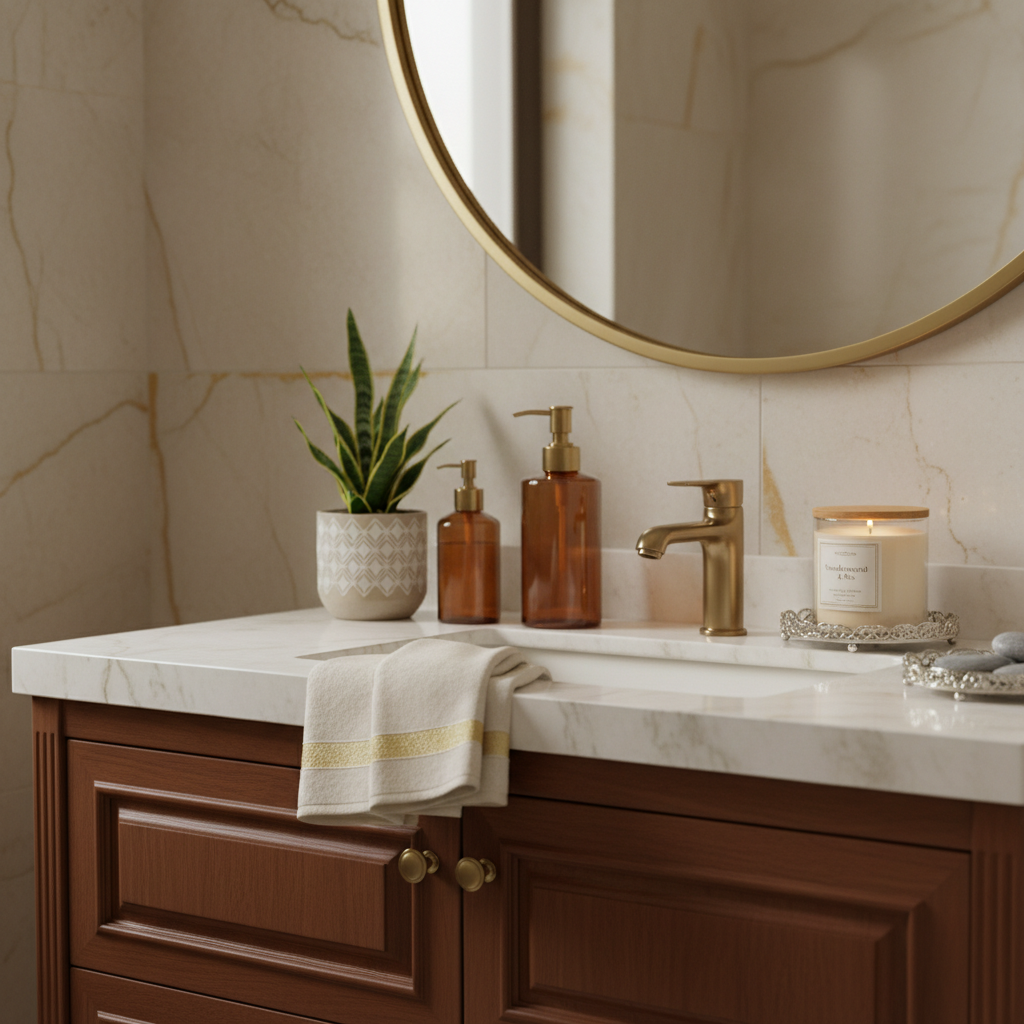Luxurious bathroom vanity with curated accessories