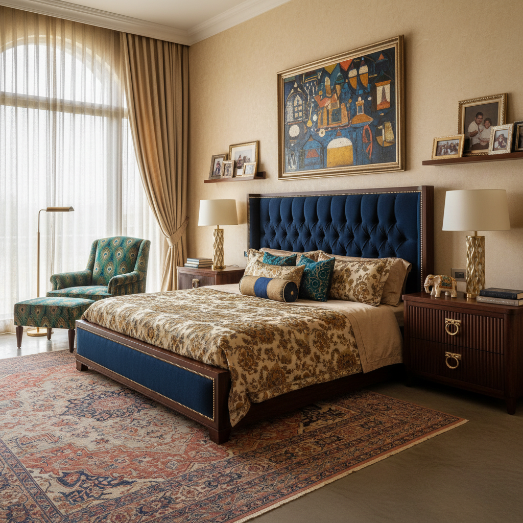 An exquisitely designed luxury bedroom with a custom-made tufted bed, unique side tables, and sophisticated artwork that personalizes the space.