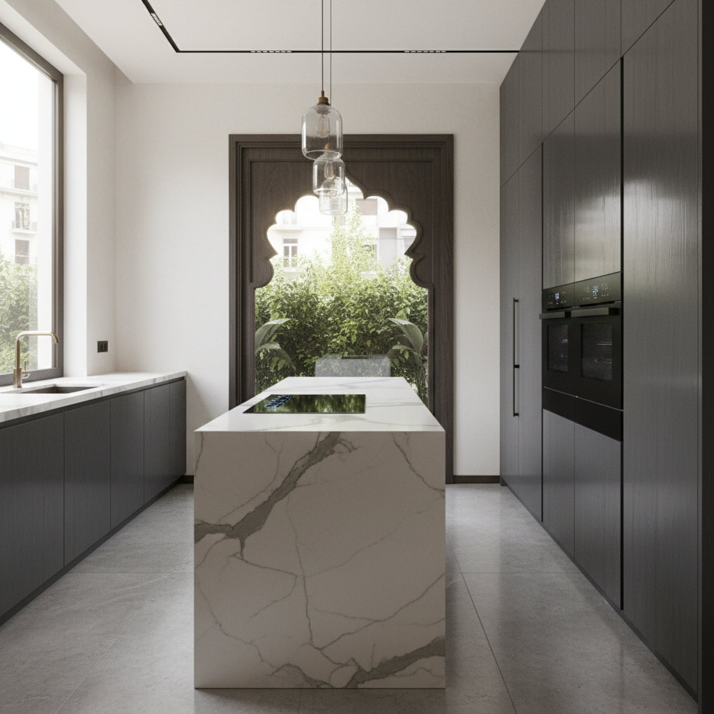 A sleek, modern kitchen featuring seamlessly integrated smart appliances for a clean aesthetic.