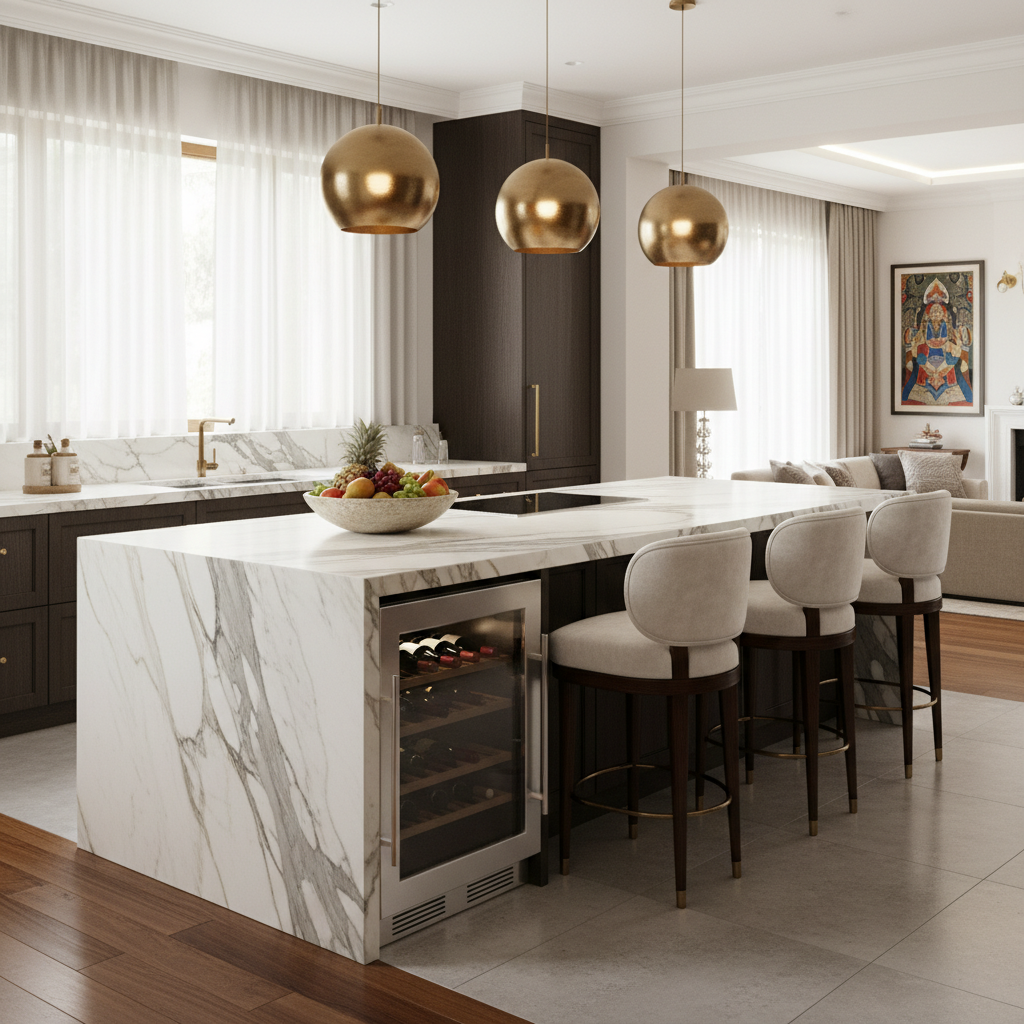 A large, opulent kitchen island with a marble waterfall countertop and stylish seating.