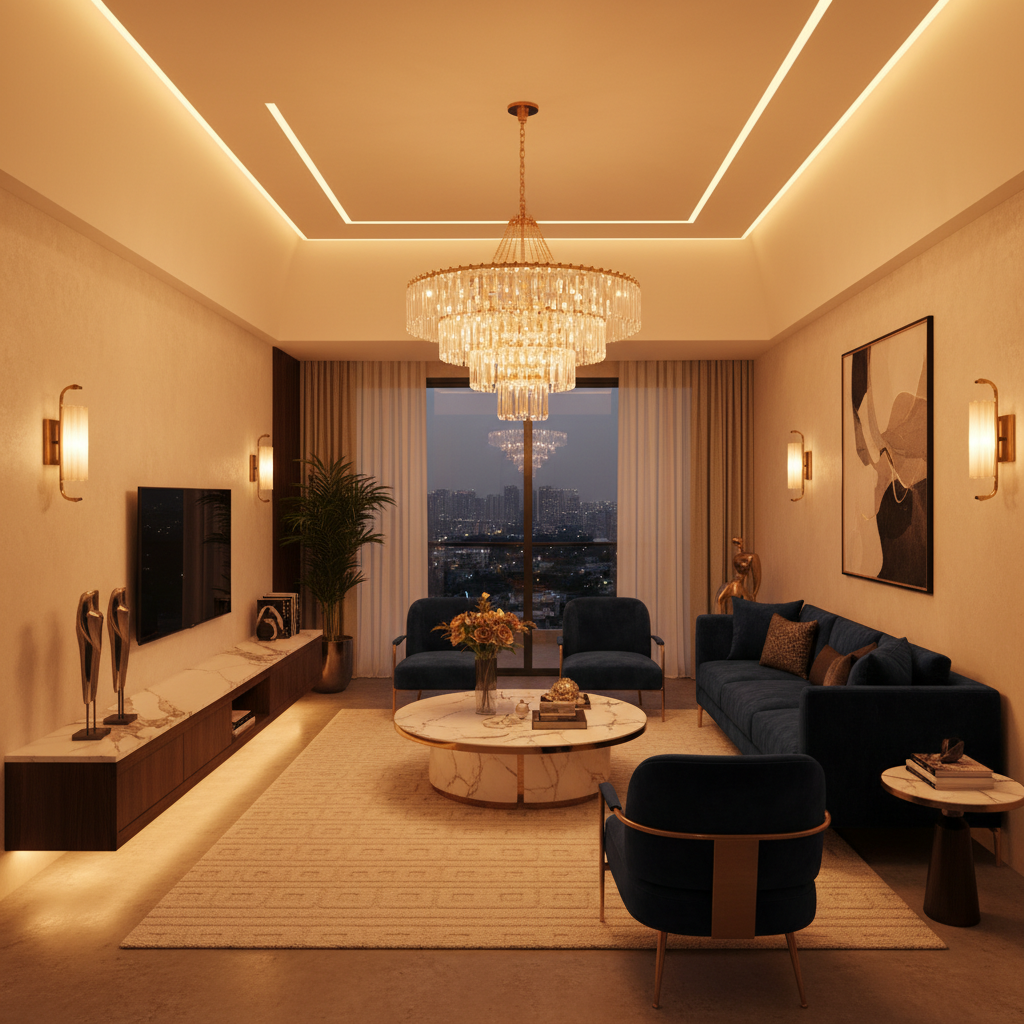 Glamorous living room with a stunning tiered crystal chandelier and ambient lighting