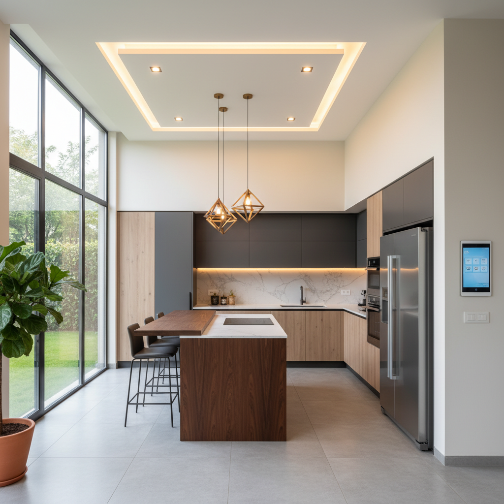 A modern kitchen with layered lighting, including recessed, under-cabinet, and pendant lights, and visible smart home integrations.