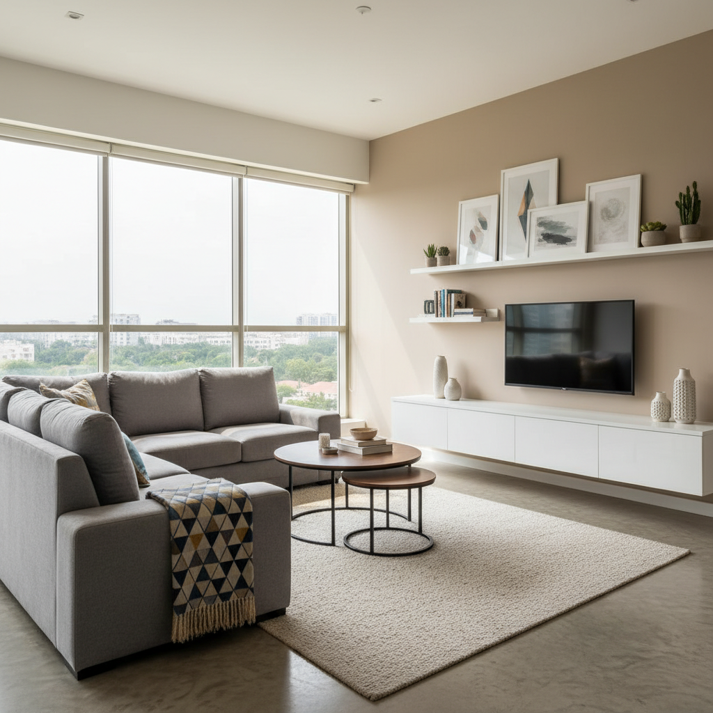 Modern living room with a modular sofa and space-saving furniture.