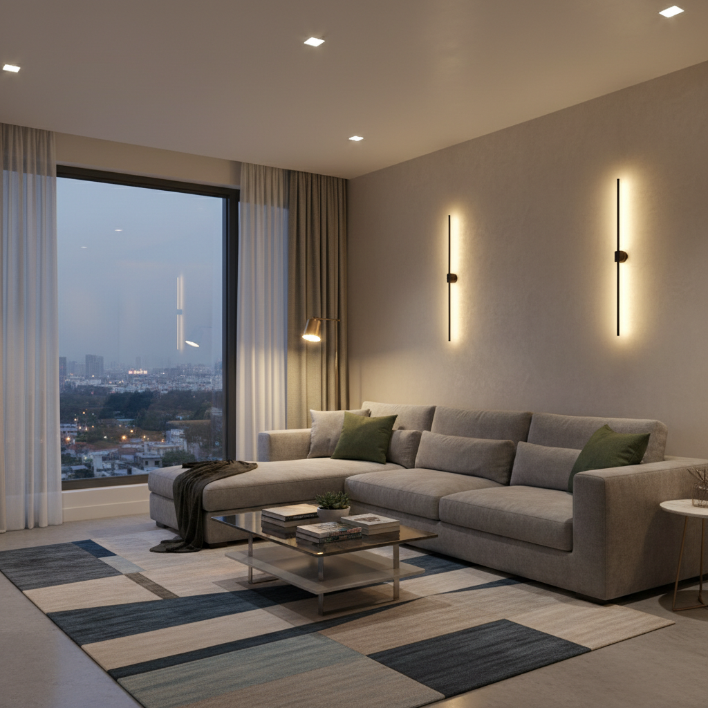 Modern living room with layered lighting, including recessed lights, a floor lamp, and wall sconces.